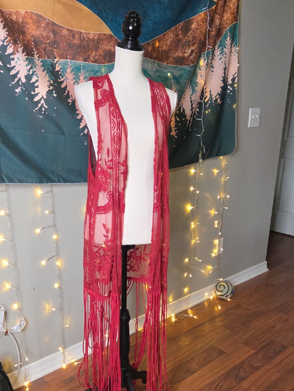 L&B Sheer Fringe Lace Vest in Deep Red Size M